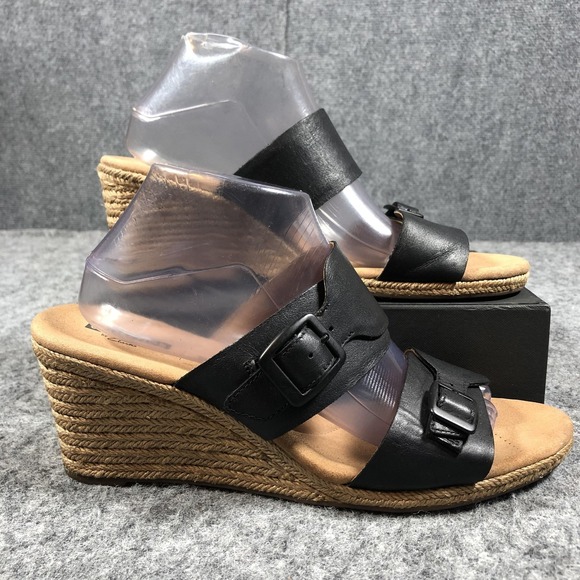 Clarks Sandals Womens 11M Black Leather Espadrille Wedge Buckle Comfort Shoes - Picture 2 of 16